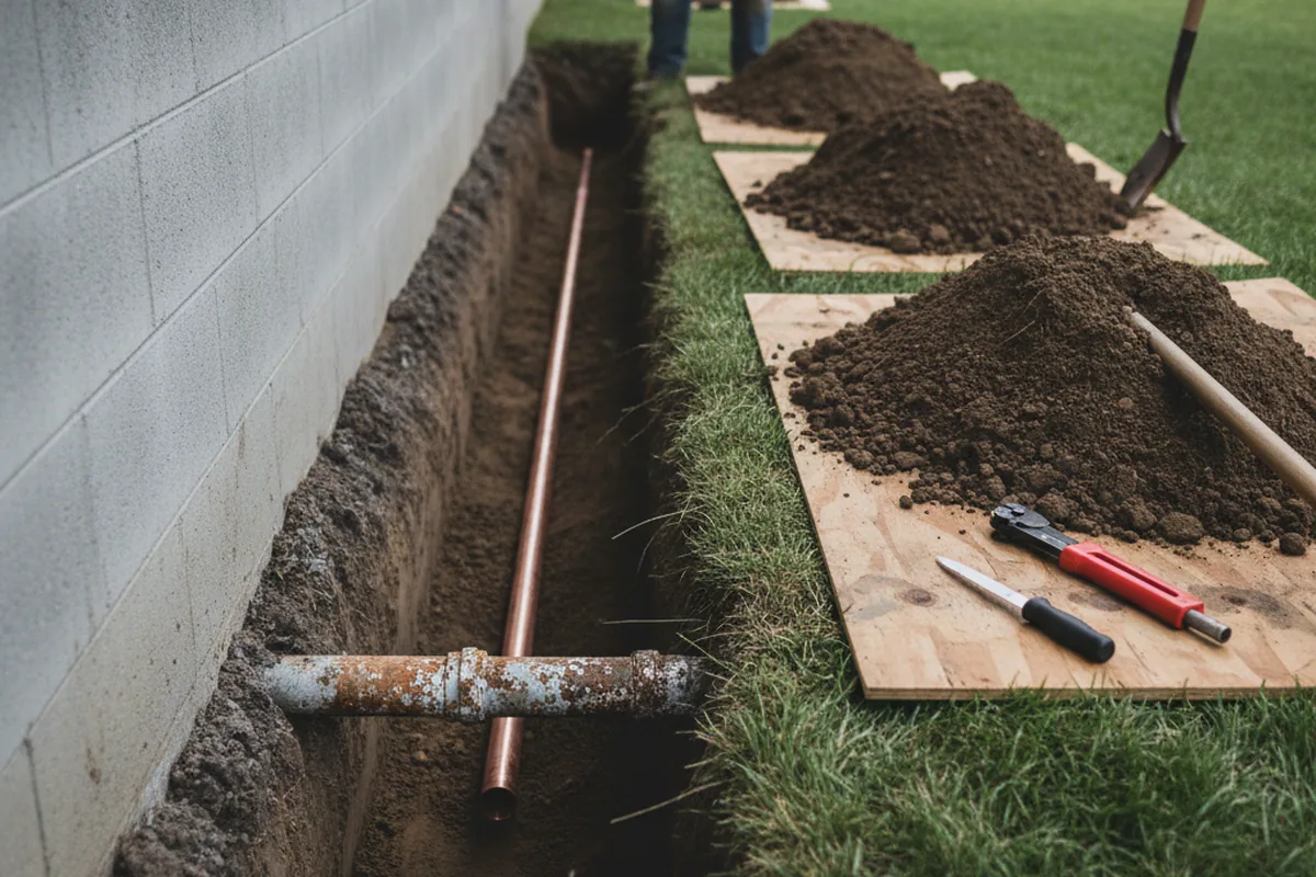 Excavated water line trench during Sewer Line Repair in Islip